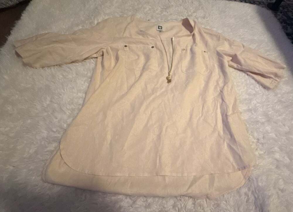 Anne Klein Women's Cream Linen Blend 1/4 Zip Pullover Blouse with Tassel Detail,